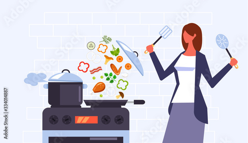 Woman character cooking preparing food concept. Vector flat graphic design cartoon illustration