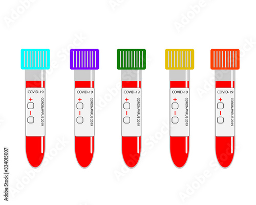 Covid-19 Coronavirus colored test tube sample. Laboratory glass test tubes filled with blood. Vector design.