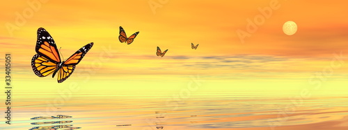 Butterflies flying to the sunset upon the ocean - 3D render photo