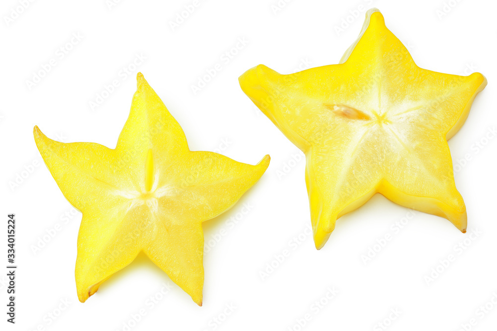 slice ripe star fruit carambola or star apple ( starfruit ) on white background. top view slice ripe star fruit carambola or star apple ( starfruit ) on white background. top view