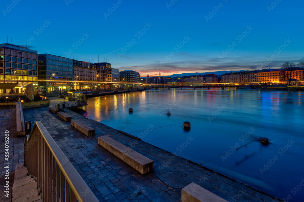 Rhone river by night in Geneva, Switzerland, HDR