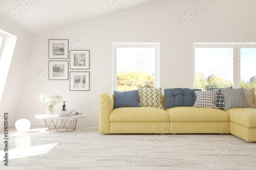 White living room with sofa. Scandinavian interior design. 3D illustration