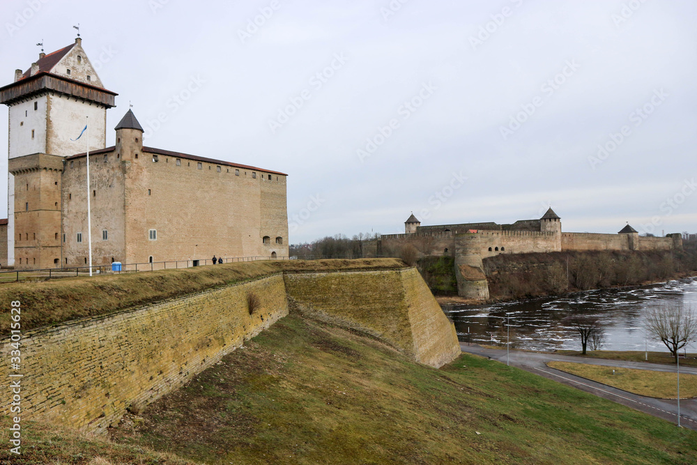 View of medieval Hermann Castle opposite Ivangorod Fortress ,with Narva River in between