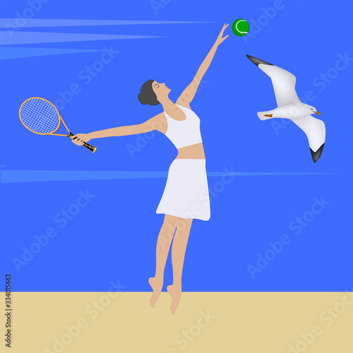 Woman with a racket plays tennis - sea, sandy shore, big gull - illustration, vector. Camping.