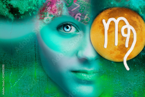 Female face and astrological symbol Virgo against the background of the moon photo