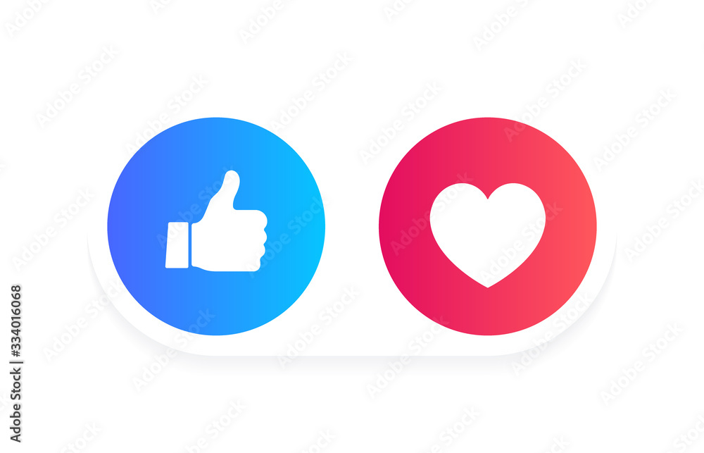 Thumbs up and heart label on a white background. Social media icons. Modern vector illustration Thumbs up and heart label on a white background. Social media icons. Modern vector illustration