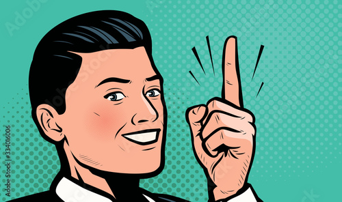 Businessman shows index finger up. Retro comic pop art vector illustration