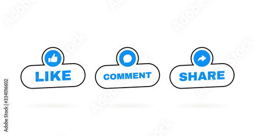 Like, comment and share icon set on a white background. Modern flat style vector illustration