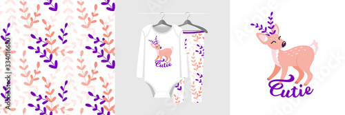 Seamless pattern and illustration for a kid with a fawn, Cutie text