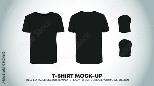 Men's black T-shirt template, from two sides and arms, isolated on white background. [fully editable template]