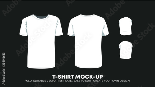 Men's white T-shirt template, from two sides and arms, isolated on dark background. [fully editable template]