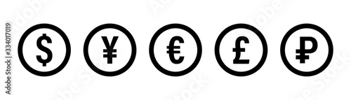 Currency icon. Vector isolated icons or signs. Dollar yuan euro pound publes signs or symbols. Finance, business currency exchange. Money currency icon. Black vector currency elements.