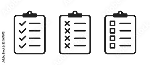 Clipboard checklist or document. Vector isolated icons or signs. Clipboard with checkmark cross and text. Clipboard concept vector. Checklist document. Clipboard icon vector.