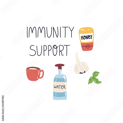 Immunity support lettering text and water bottle, hot drink with ginger in mug, honey in tube, garlic, homeopathic plant or herb. Flat vector hand drawn illustration.