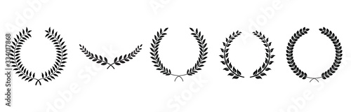 Collection of different black and white silhouette circular laurel foliate  and oak, wreaths depicting an award, heraldry, achievement, victory, crown, winner, ornate,Vector  icon illustration.