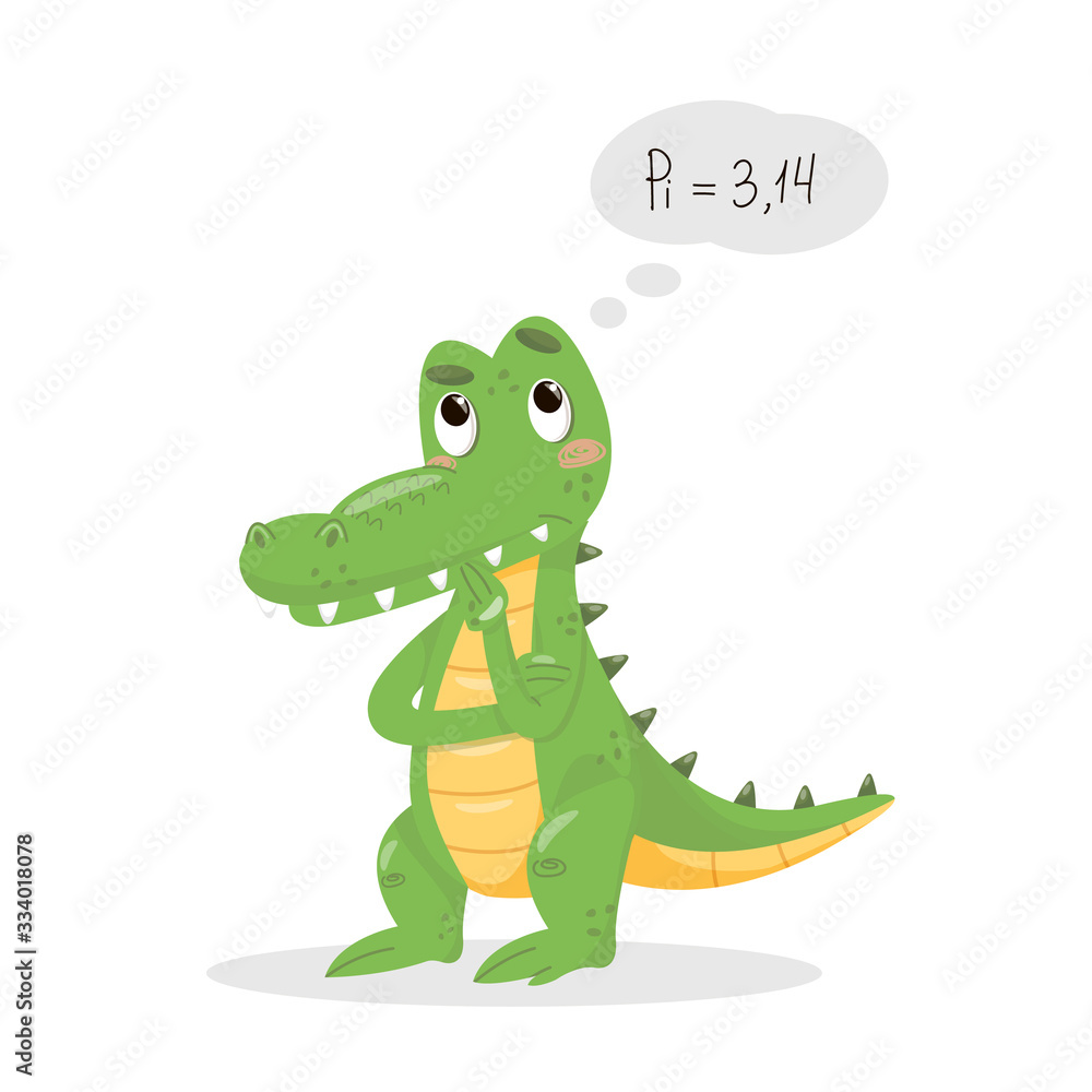 Naklejka premium Vector flat crocodile thinking. Stock vector minimal image isolated on white background. Cute alligator learning PI number