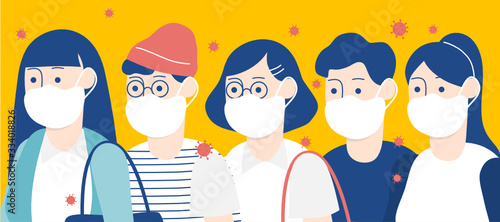 Flat style vector illustration of cartoon character people in white medical face mask protect themself from germ. Fear of contagious disease. Anxiety about Wuhan corona virus covid-19 2019-nCoV.