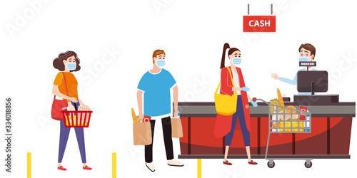 Supermarket store counter cashier and buyers in medical masks, with cart and basket of food