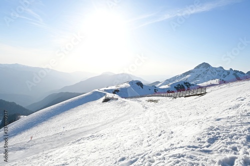 winter sports trails on a snowy mountain landscape