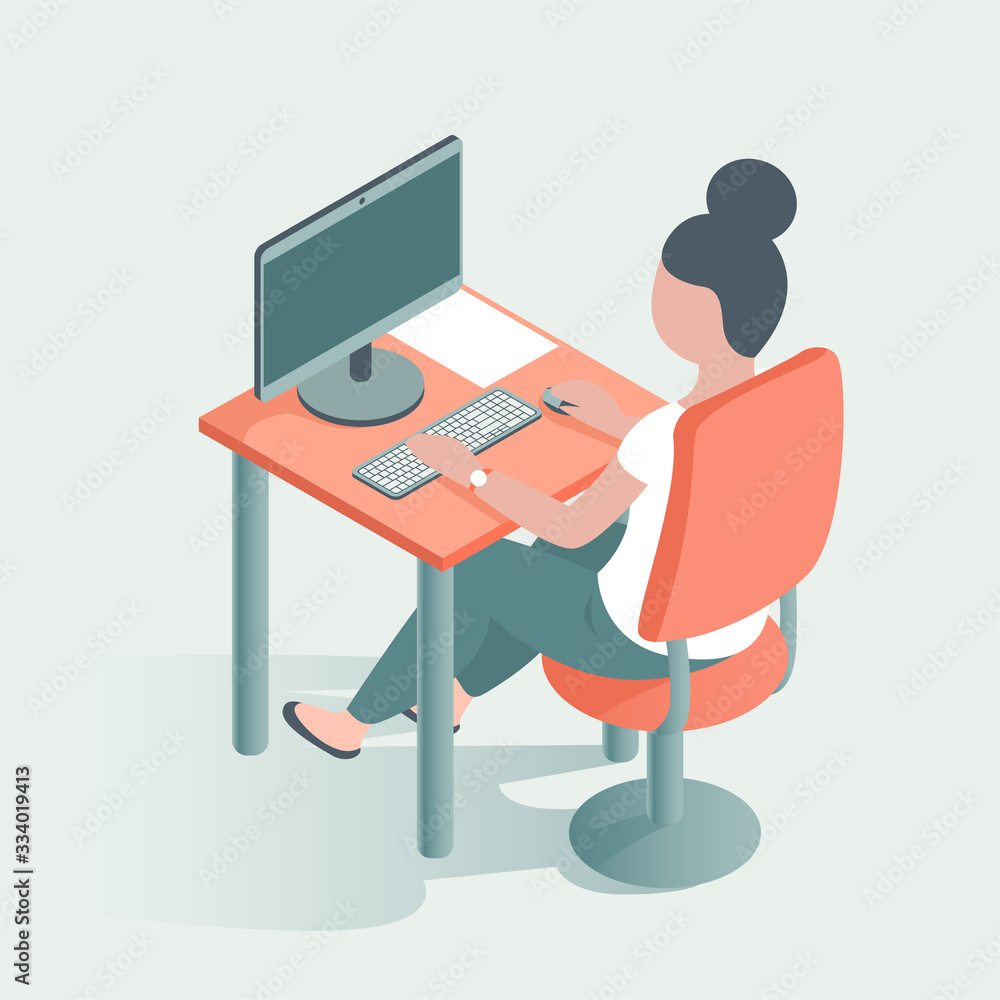 Modern girl works in the office at the computer. Sits at a table, holding coffee in his hand. Vector illustration in isometric style. Modern girl works in the office at the computer. Sits at a table, holding coffee in his hand. Vector illustration in isometric style.