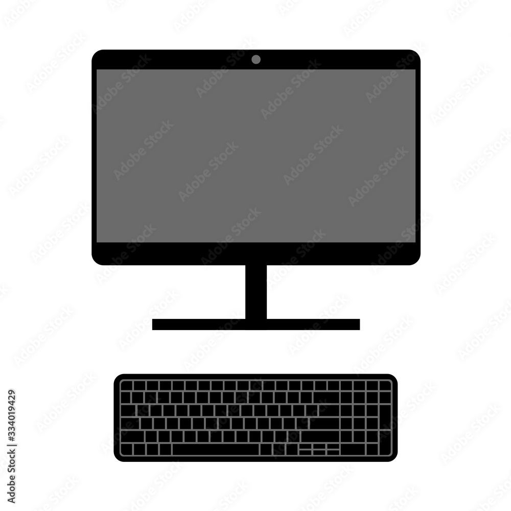 The drawn computer is black. Monitor and keyboard. View from above. Vector isolated illustration. The drawn computer is black. Monitor and keyboard. View from above. Vector isolated illustration.