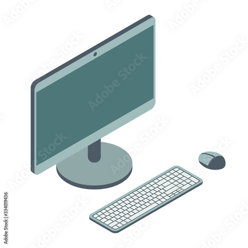 Isometric style computer. Monitor, keyboard and wireless mouse. Vector isolated illustration.