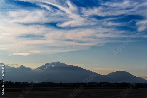 Panoramic view of mountains and blue sky at evening
