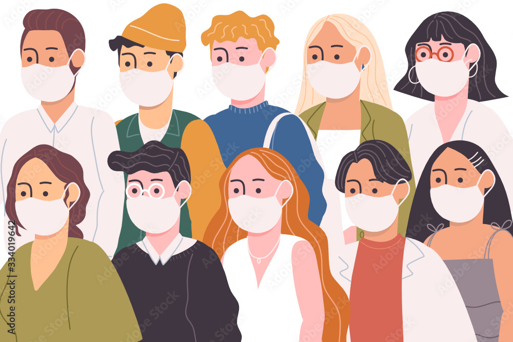 Flat style vector illustration of cartoon character people in white medical face mask protect themself from germ. Fear of contagious disease. Anxiety about Wuhan corona virus covid-19 2019-nCoV. Flat style vector illustration of cartoon character people in white medical face mask protect themself from germ. Fear of contagious disease. Anxiety about Wuhan corona virus covid-19 2019-nCoV.