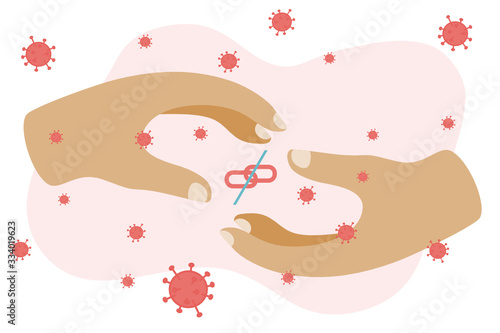 Flat style vector illustration of social-distance cause of corona virus. Concept of Wuhan corona virus Covid-19. Anxiety of virus. Disconnected people. Big two hands not touch each other.