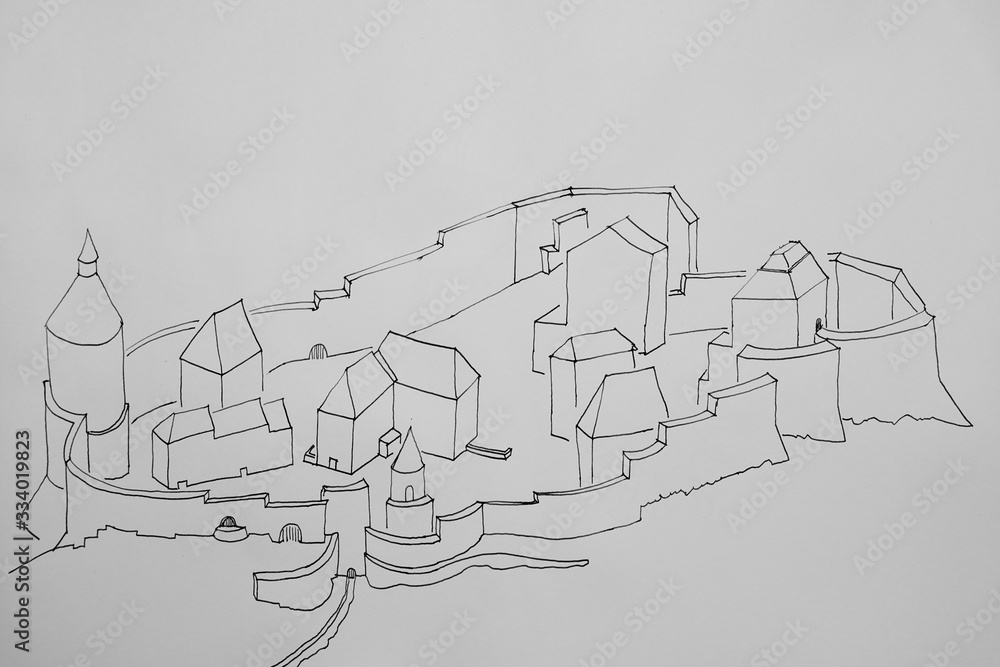 Obraz premium Drawing of a fortress with walls and buildings