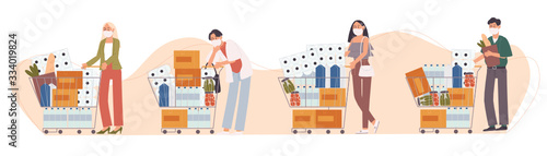 Flat style vector illustration of cartoon character People in face mask are panic shopping. Food and supplies store up. Anxiety about suffered from disease outbreak.