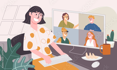 Flat style vector illustration of cartoon character working from home or any where. Concept of people working online, meeting conference at home. Social-distance during corona virus quarantine. © punnapohn