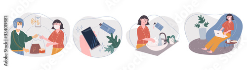 Flat style vector illustration of cartoon woman character lifestyle at home. Use food delivery service, Spray alcohol on phone, washing hands, working from home. Social-distance during  quarantine.