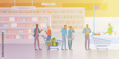 People shopping in Supermarket Store Shop Mall Flat vector illustration. Men and Women buying products food with shopping cart and standing paying at the cash desk.