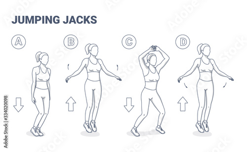 Jumping Jacks Exercise Girl Workout. Star Jumps illustration, a young woman in sportswear does the side-straddle hop.
