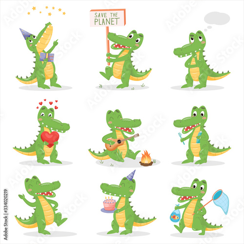 Crocodiles set on white isolated background. Acting and posing alligator illustrations. Flat simple character design