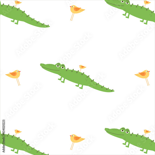 Alligator with yellow bird pattern. Crocodile and bird pattern isolated on white background