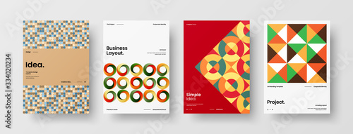 Business presentation vector A4 vertical orientation front page mock up set. Corporate report cover abstract geometric illustration design layout bundle. Company identity brochure template collection.