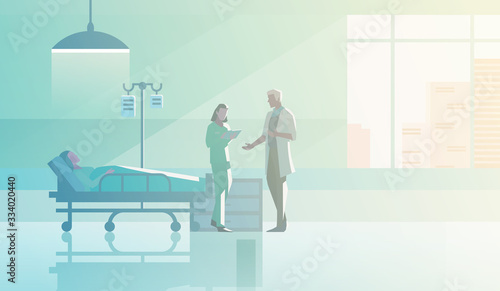 Doctor and Nurse in medical ward with Patient on medical bed Flat vector illustration. Medical Clinic Hospital interior collection.