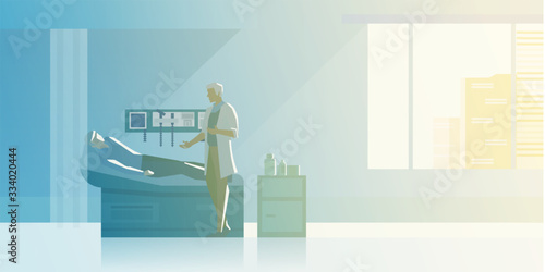 Reception at Therapist Orthopedist doctor's office Flat vector illustration. Doctor talking with Patient in Medical Clinic interior collection.