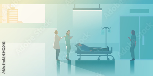 Doctor and Nurse in resuscitation medical ward of Patient in bed Flat vector illustration. Medical Clinic interior collection.