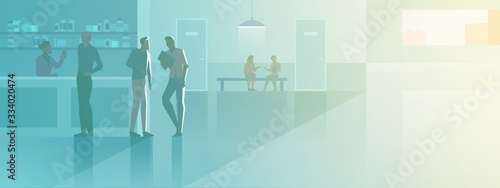 Pharmacy in Hospital flat vector illustration. Patients Visitors standing at cash-desk waiting in Hall Medical Clinic interior collection.