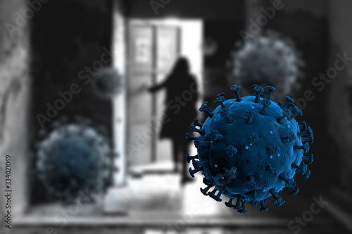 3d-illustration of quarantine during coronavirus. The girl leaves the house and infects the virus.