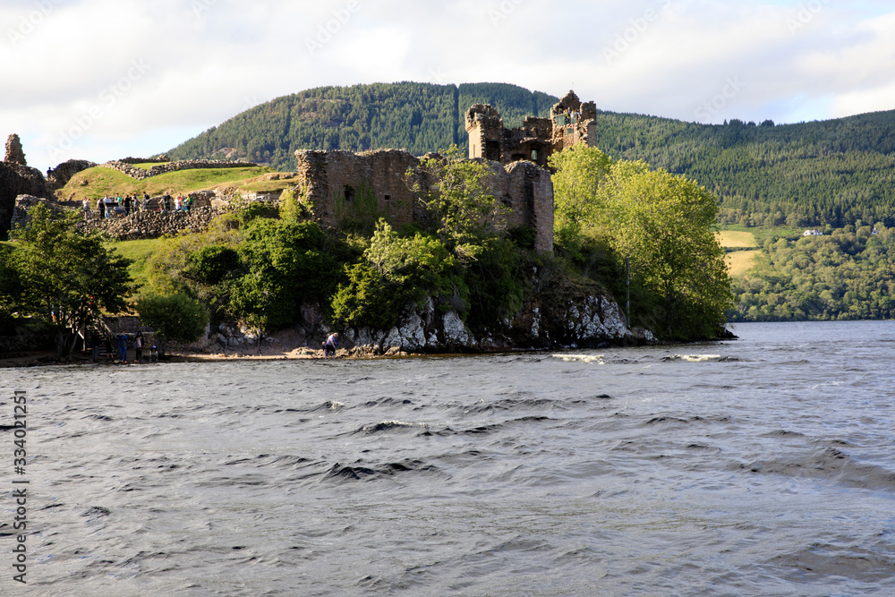 Loch Ness (Scotland), UK - August 02, 2018: Urquhart castle at Loch Ness lake, Scotland, Highlands, United Kingdom