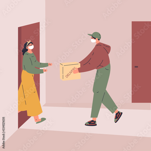 Coronavirus.Novel virus 2019-nCoV.Delivery of food.A young courier delivers the products ordered online to the door.Online shopping.Concept of coronavirus quarantine vector illustration.Flat character