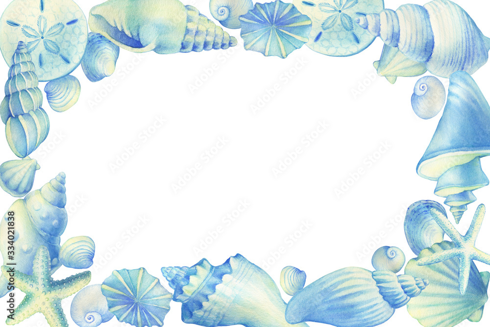 Mockup with place for text - with underwater life objects - blue sea shells, marine starfish. Watercolor hand drawn painting illustration isolated on white background. Mockup with place for text - with underwater life objects - blue sea shells, marine starfish. Watercolor hand drawn painting illustration isolated on white background.