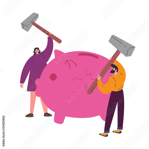Concept of coronavirus economic crisis during quarantine.Novel virus 2019-nCoV.Woman and man smashed a savings piggy bank with a hammer because of the crisis.Flat vector cartoon illustration.