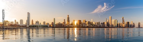 Panorama Chicago downtown skyline sunset Lake Michigan with most Iconic building from Adler Planetarium photo