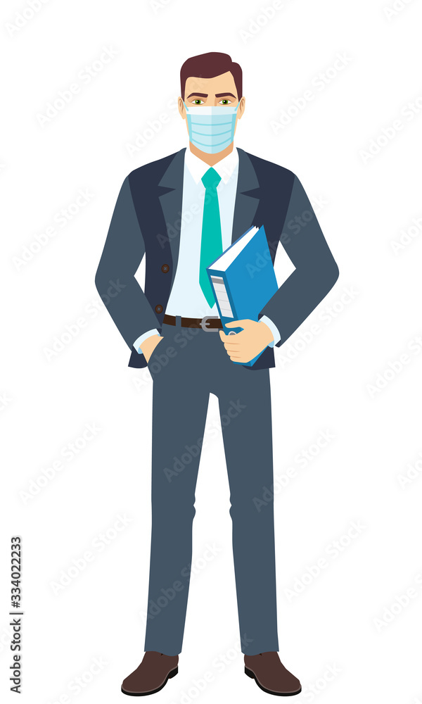 Businessman with medical mask holding a folder. Full length portrait of Businessman in a flat style.