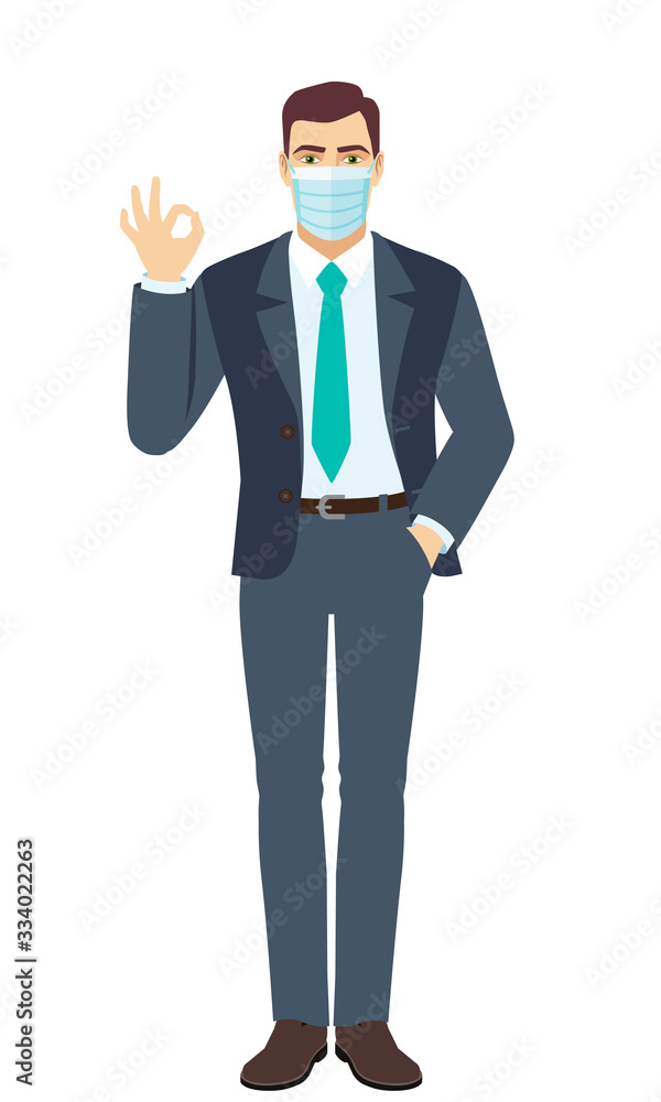 OK! Businessman with medical mask showing a okay hand sign. Full length portrait of Businessman in a flat style.